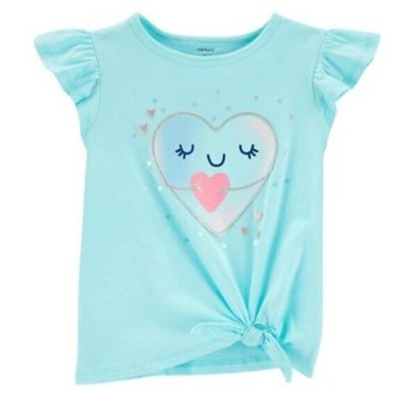 Baby Girls Carters Light Blue Heart Graphic T-Shirt With Ruffle Sleeves & Front - Picture 1 of 3